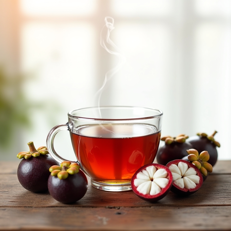 Xícara de chá de Garcínia Cambogia vermelho escuro com vapor ascendente, cercada por mangostões roxos inteiros e cortados, sobre mesa de madeira rústica – benefícios do chá de Garcínia Cambogia para emagrecimento e saúde.