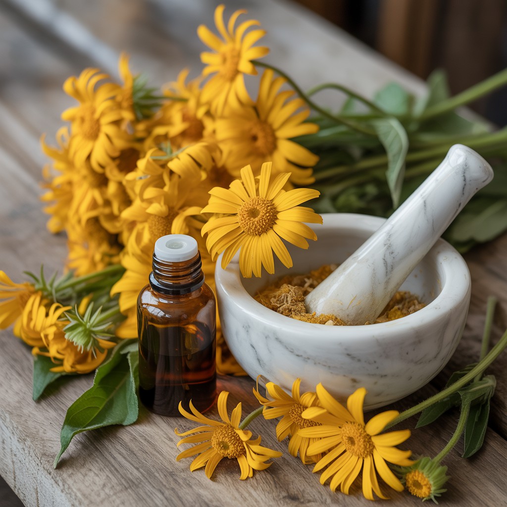 Composição de natureza morta com flores de erva arnica amarelas, pilão e almofariz de mármore, e frasco de vidro âmbar com extrato herbal, sobre uma superfície de madeira, destacando a estética natural e propriedades medicinais da arnica.