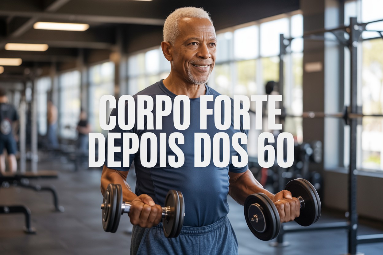 Homem afro-americano idoso praticando musculação na 3ª idade em academia, realizando rosca bíceps com halteres e sorrindo.