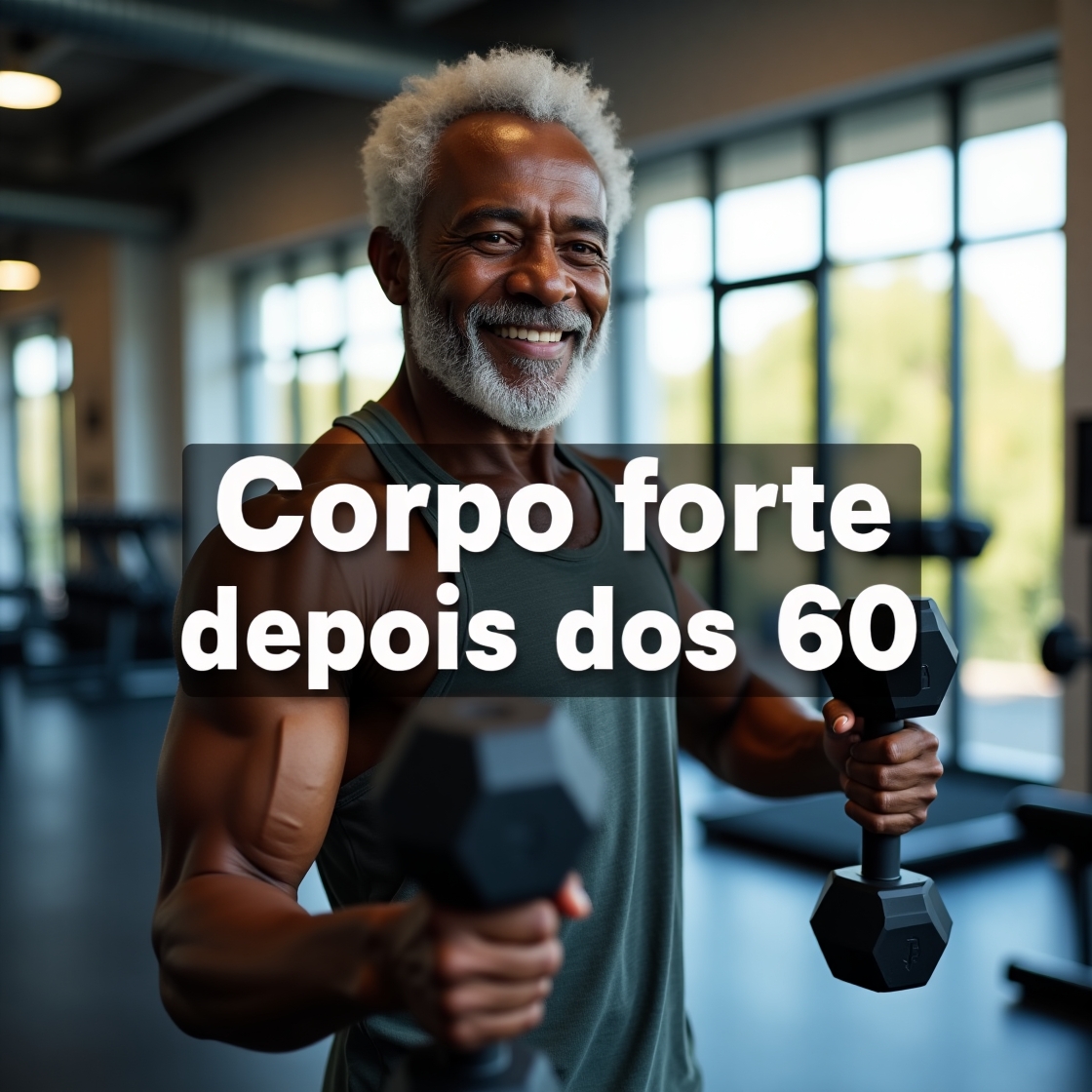 Homem negro de meia-idade praticando musculação na 3ª idade em academia, sorrindo enquanto segura halteres, mostrando saúde, vitalidade e força após os 60 anos.