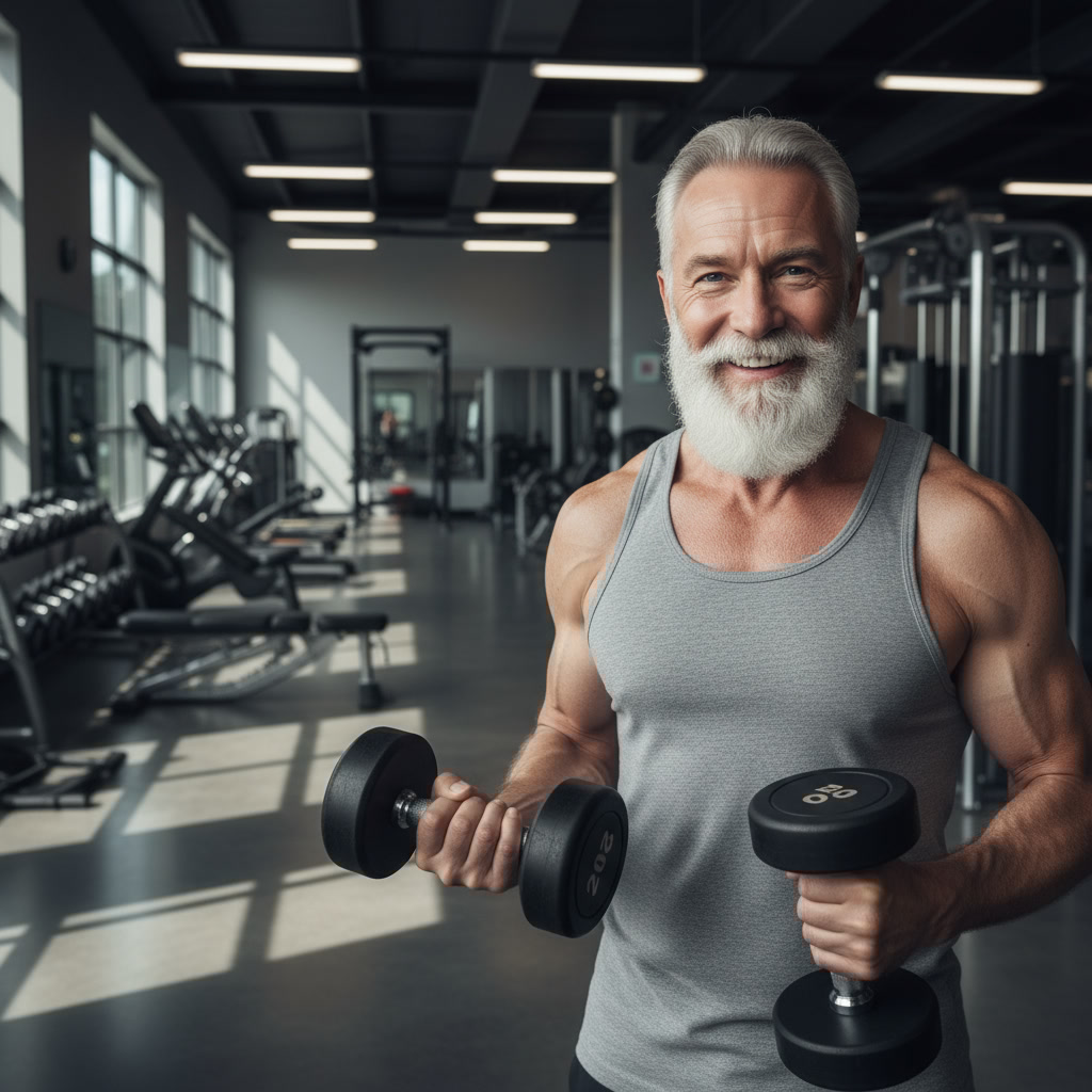 Homem idoso musculoso realizando rosca bíceps na academia, mostrando força e vitalidade, exemplo de musculação na 3ª idade.