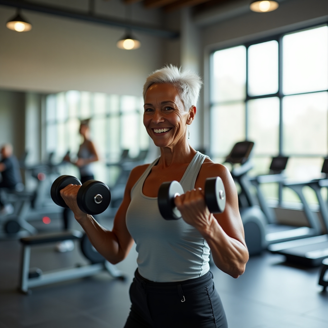 Mulher madura de cerca de 60 anos praticando musculação na 3ª idade, sorrindo e levantando halteres em uma academia iluminada.