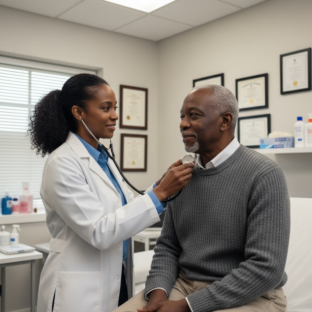 Médica examinando paciente idoso em consultório, destacando o cuidado com a saúde na musculação na 3ª idade.