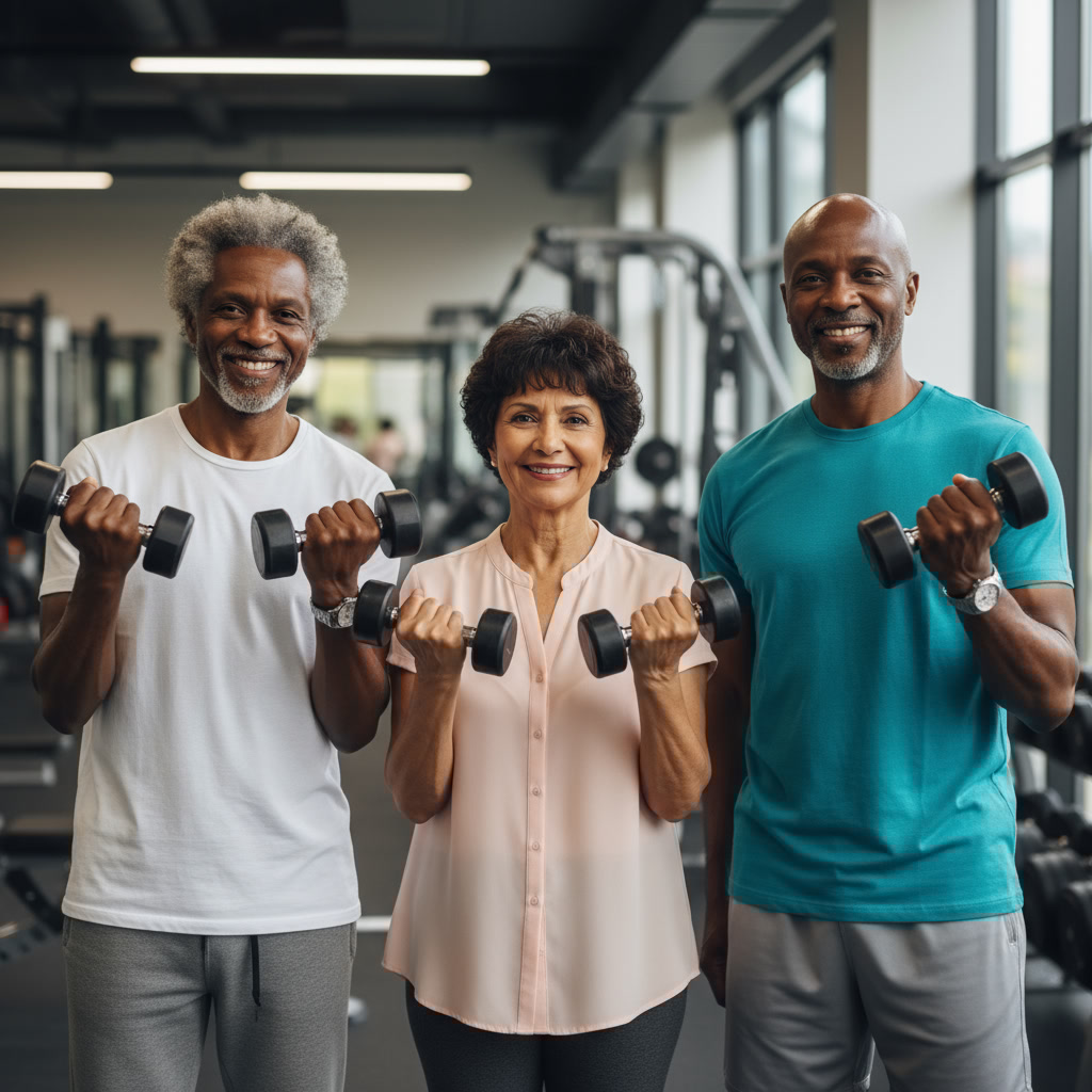Três idosos praticando musculação na 3ª idade com halteres em academia, sorrindo e mantendo condicionamento físico.