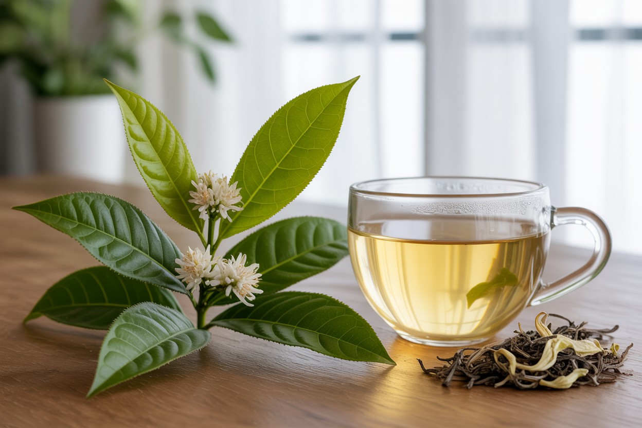 Close-up de xícara  âmbar claro em vidro, com folhas secas, pétalas amarelas e ramo verde com flores brancas sobre mesa de madeira, evocando frescor e tranquilidade no preparo do chá de java.