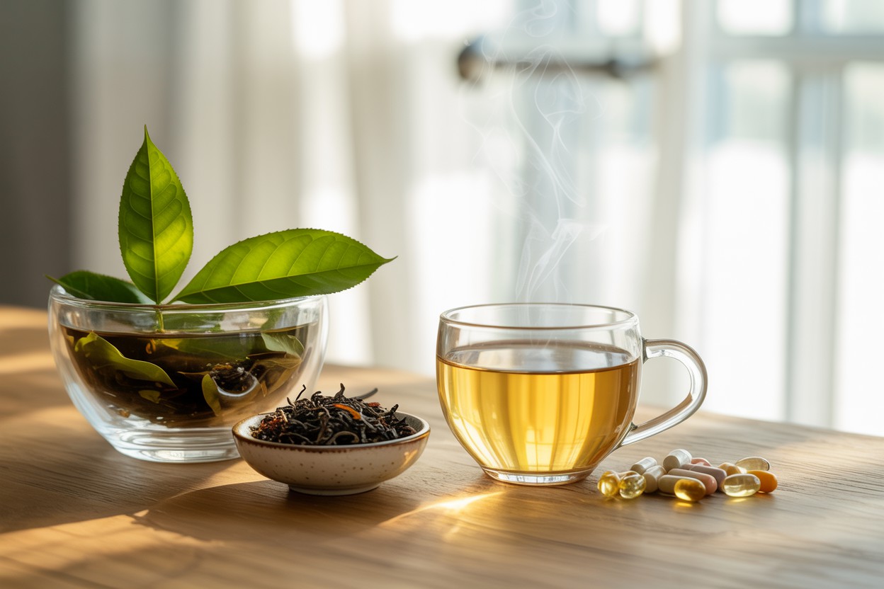 Xícara de chá de java âmbar fumegante em mesa de madeira com folhas secas, frescas e sachês, iluminada por luz solar natural, promovendo bem-estar e pureza.