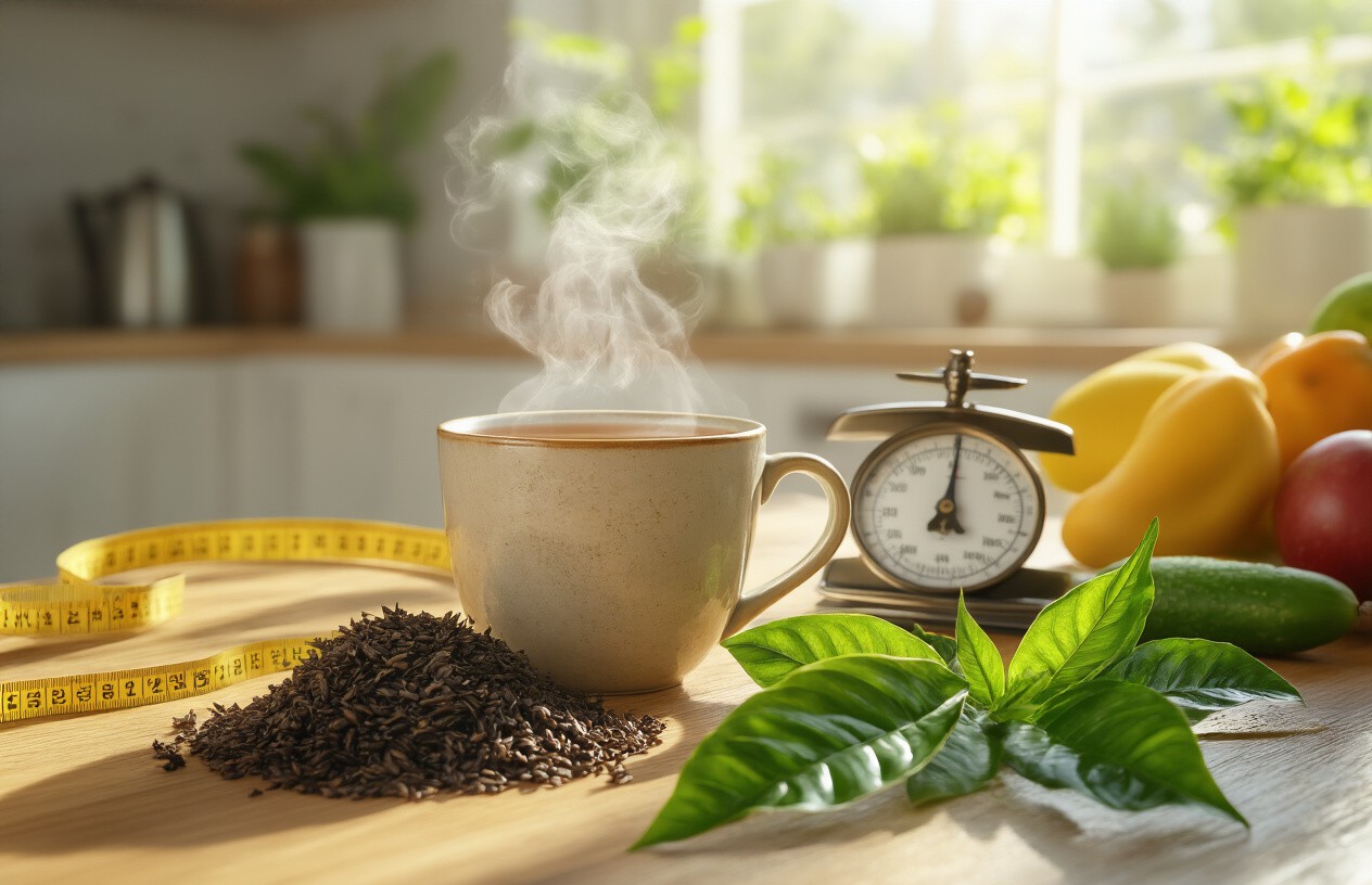 Caneca bege com chá de java fumegante em cozinha acolhedora, acompanhada de folhas de chá soltas, fita métrica amarela, balança antiga com frutas e folhas verdes frescas, destacando ingredientes naturais e estilo de vida saudável.