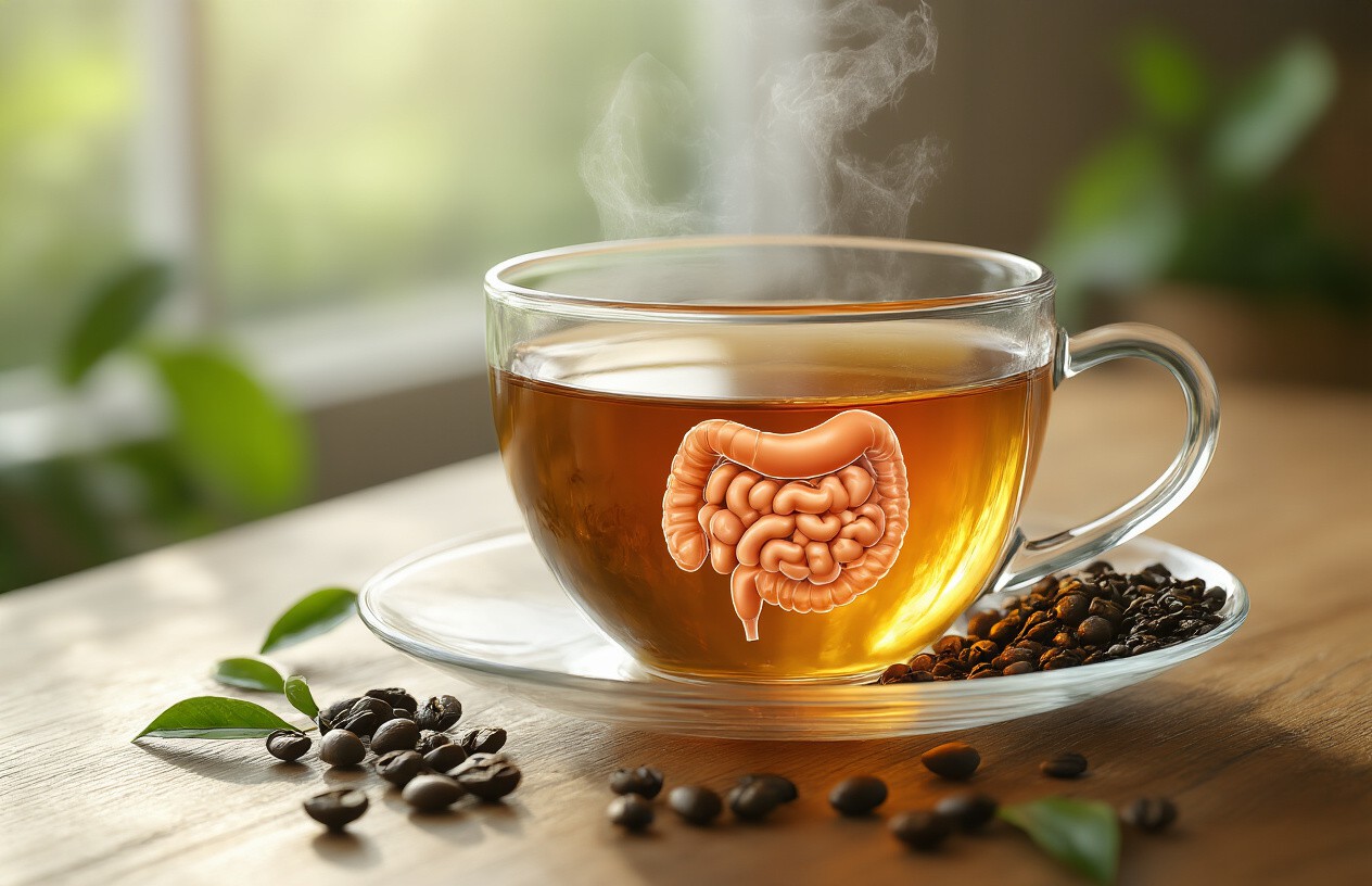 Xícara transparente com chá fumegante e representação anatômica do intestino humano, ao lado de grãos de café torrados e folhas verdes sobre superfície de madeira, destacando benefícios para a saúde digestiva.