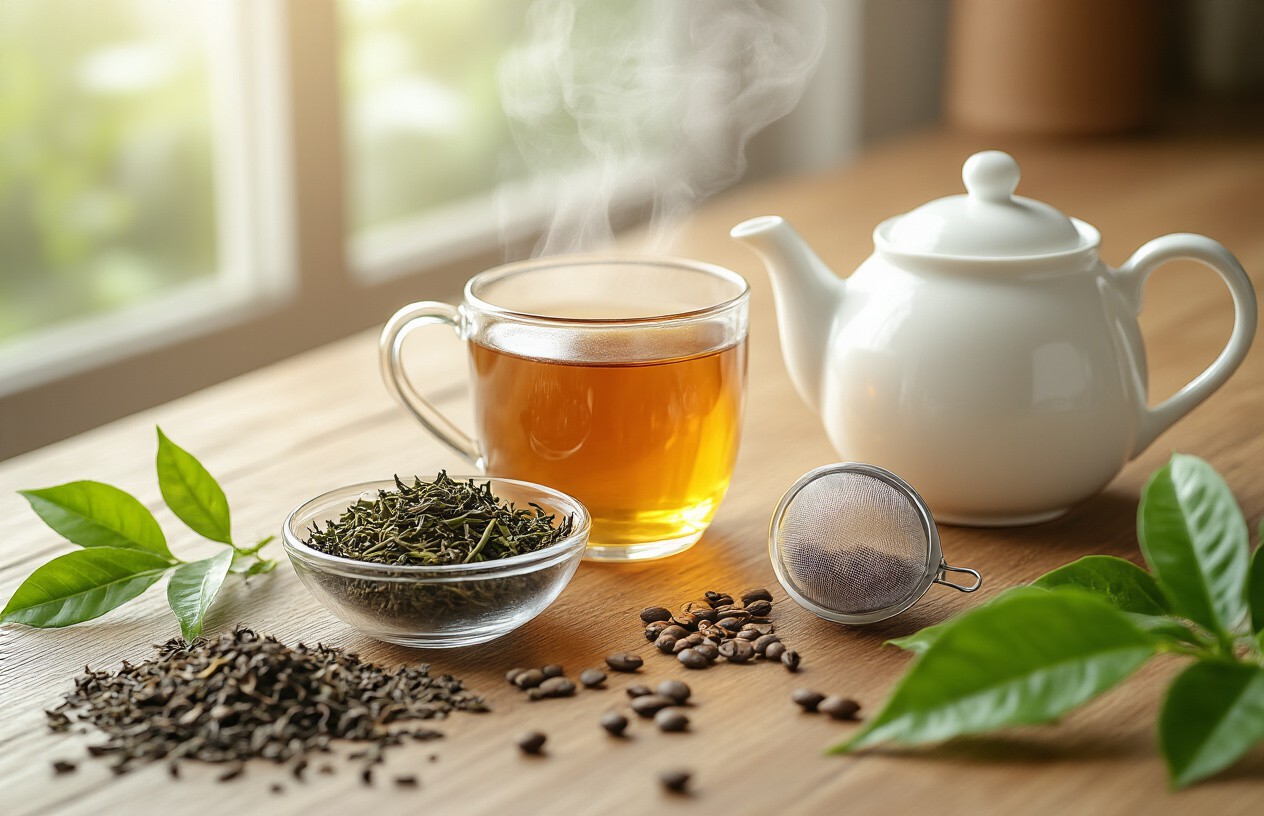 Xícara de vidro com chá ,cor de âmbar, vapor subindo, ao lado de bule de porcelana, tigela com folhas secas e infusor, em superfície de madeira com iluminação natural acolhedora.
