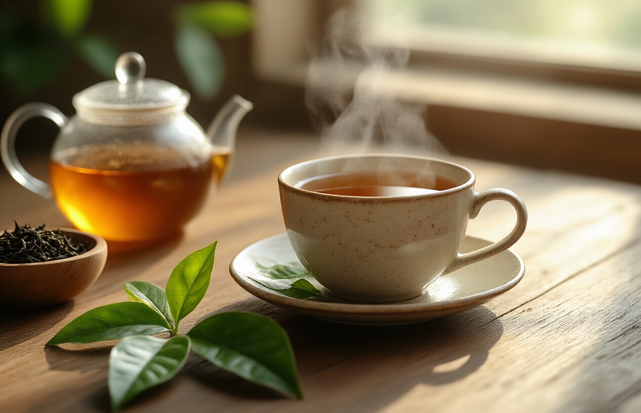 Xícara de chá  quente com vapor, bule de vidro âmbar, folhas frescas de chá verde e tigela de madeira sobre mesa iluminada pelo sol, em composição acolhedora e realista.