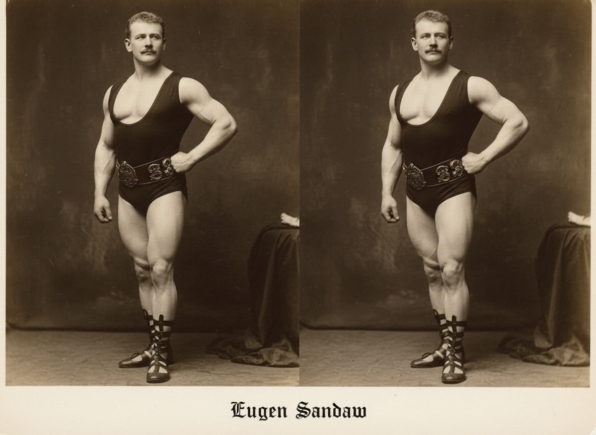 "Eugen Sandow posando em retrato clássico de estúdio em tons sépia, considerado o pai do bodybuilding moderno e responsável pela origem contemporânea do bodybuilding como surgiu no final do século XIX"