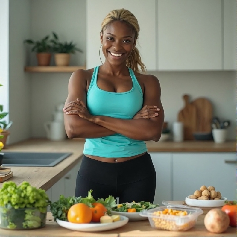 "Jovem mulher afro-americana sorrindo confiante em cozinha moderna com legumes frescos e alimentos saudáveis na bancada, representando vitalidade e silhueta esbelta após o desafio 30 dias sem açúcar."