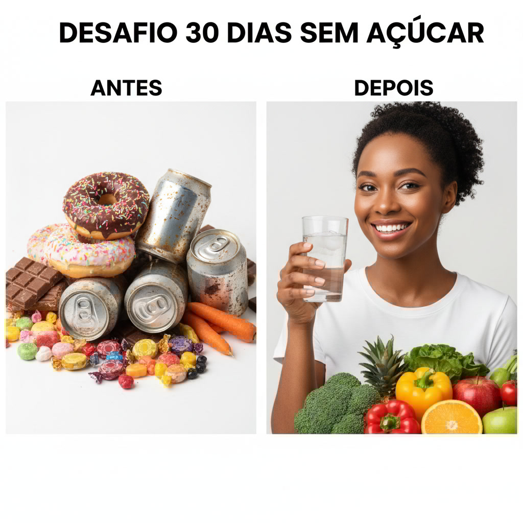 "Composição em tela dividida mostrando o antes e depois do desafio 30 dias sem açúcar: lado esquerdo com pilha de alimentos não saudáveis como donuts, chocolates e refrigerantes; lado direito com mulher negra sorridente segurando copo de água, cercada por frutas e vegetais frescos, promovendo saúde e bem-estar."