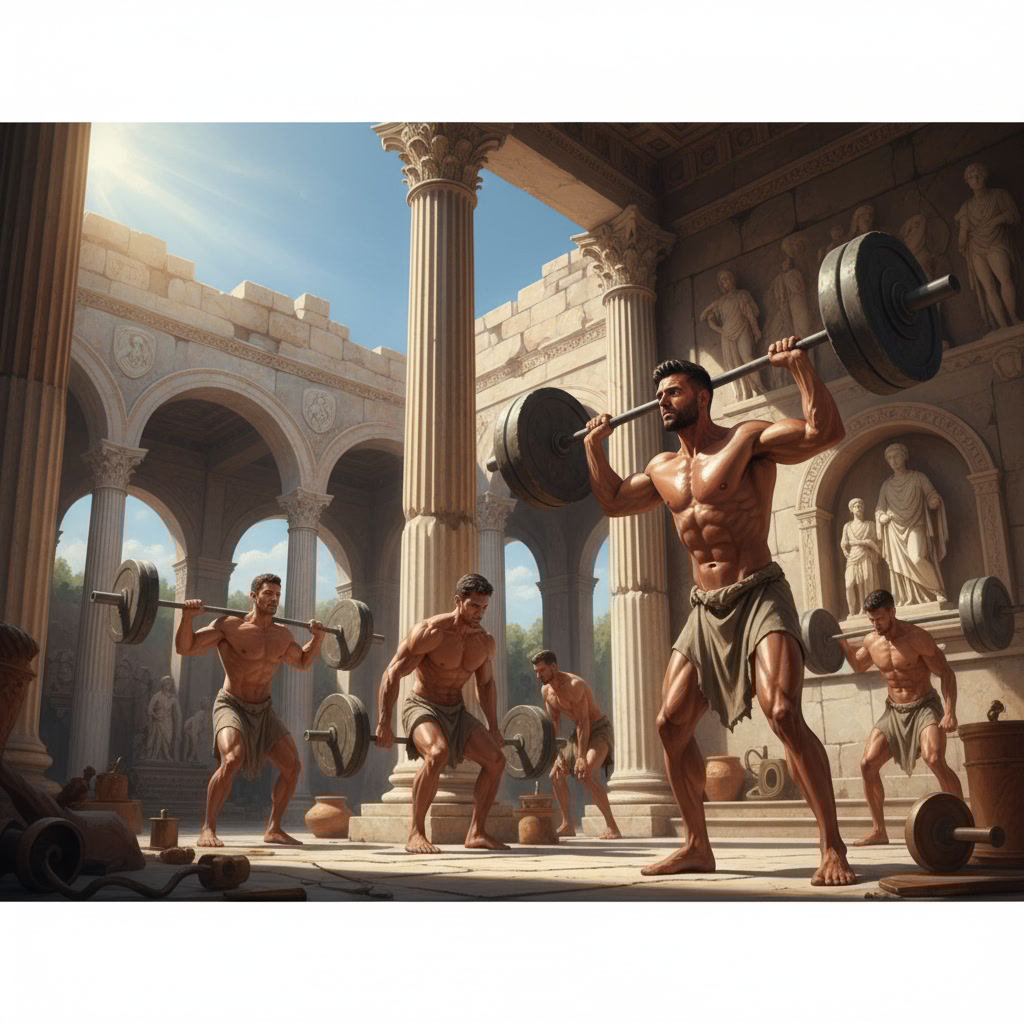 "Homens musculosos praticando levantamento de peso na Roma Antiga, origem histórica do bodybuilding como surgiu, com atletas mediterrâneos levantando barras de pedra em pátio romano clássico"