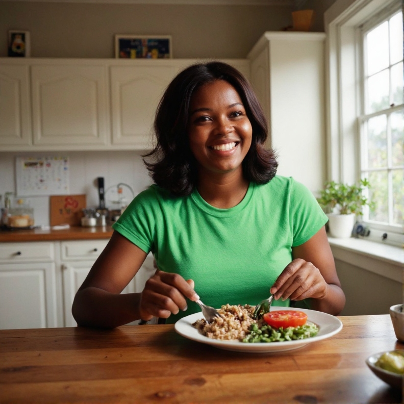 "Jovem mulher negra sorrindo enquanto come refeição saudável de grãos, folhas verdes e tomate em cozinha iluminada, exemplificando o prazer de refeições nutritivas durante o desafio 30 dias sem açúcar."
