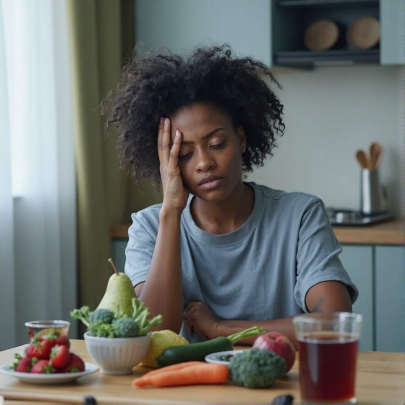 "Jovem mulher negra com expressão de exaustão e mão na testa, sentada à mesa com frutas e vegetais frescos como morangos, brócolis e maçã, ilustrando desafios emocionais comuns no início do desafio 30 dias sem açúcar."