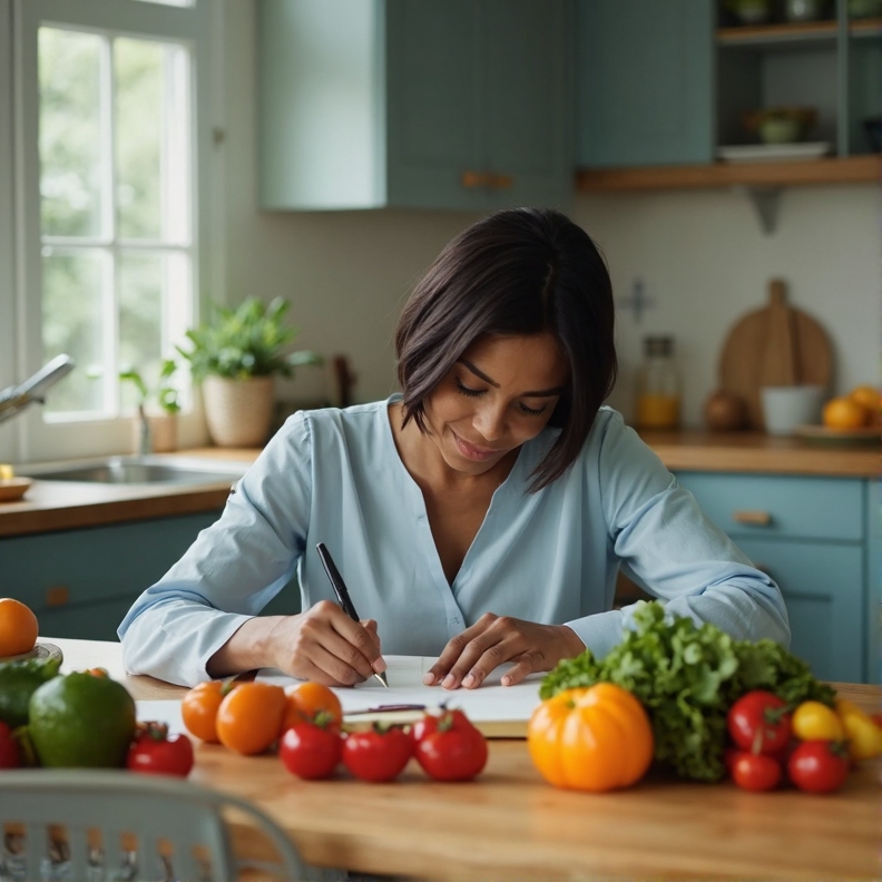 "Jovem mulher negra planejando refeições saudáveis em caderno, cercada por vegetais frescos como tomates, pimentão e alface na cozinha, ilustrando organização alimentar essencial para o sucesso no desafio 30 dias sem açúcar."