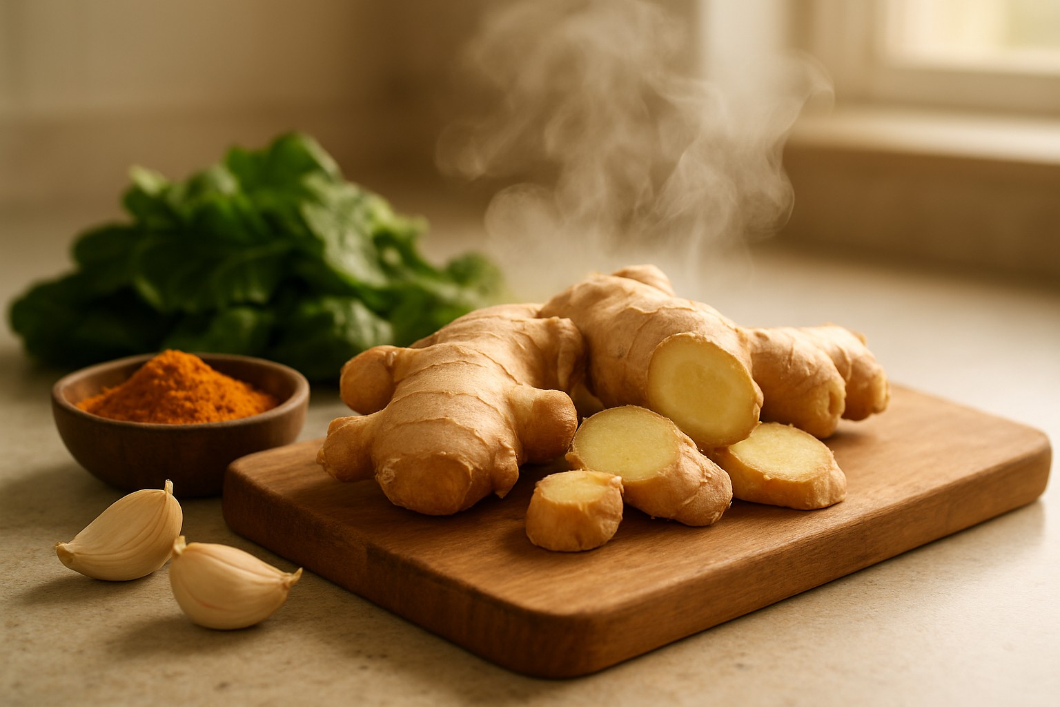 Benefícios do gengibre fresco fatiado com açafrão, espinafre e alho: ingredientes naturais para imunidade e saúde anti-inflamatória.