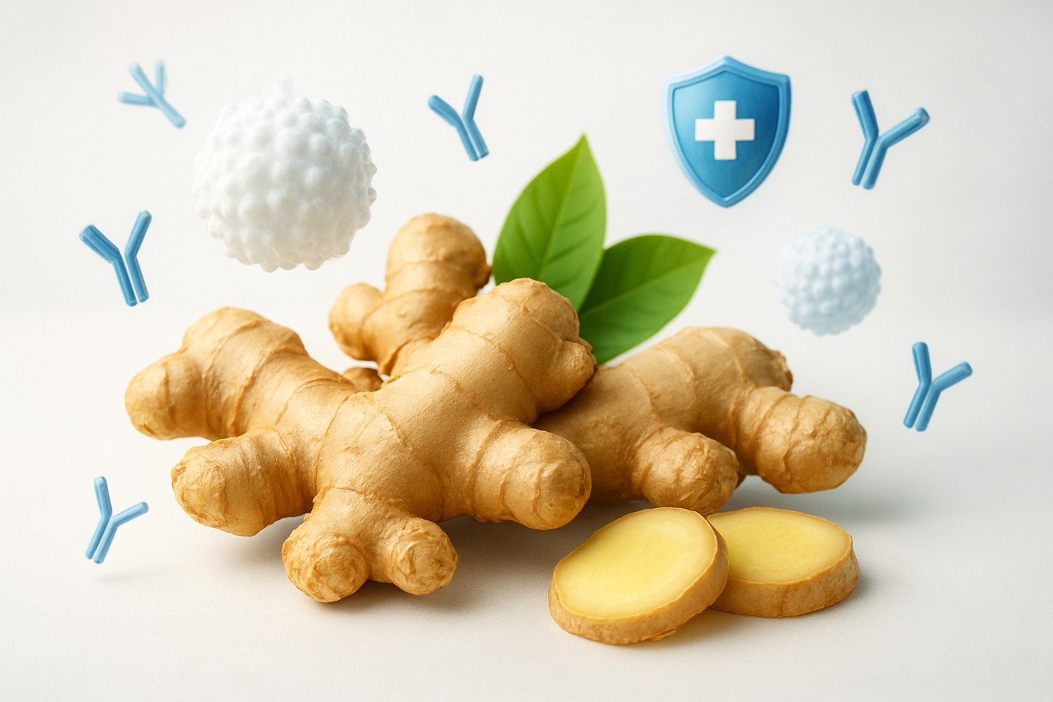 “Raiz de gengibre fresca com fatias amarelas, folhas verdes e ícones de anticorpos azuis e escudo de proteção imunológica sobre fundo branco – ilustração dos benefícios do gengibre para fortalecer a imunidade e combater inflamações”.