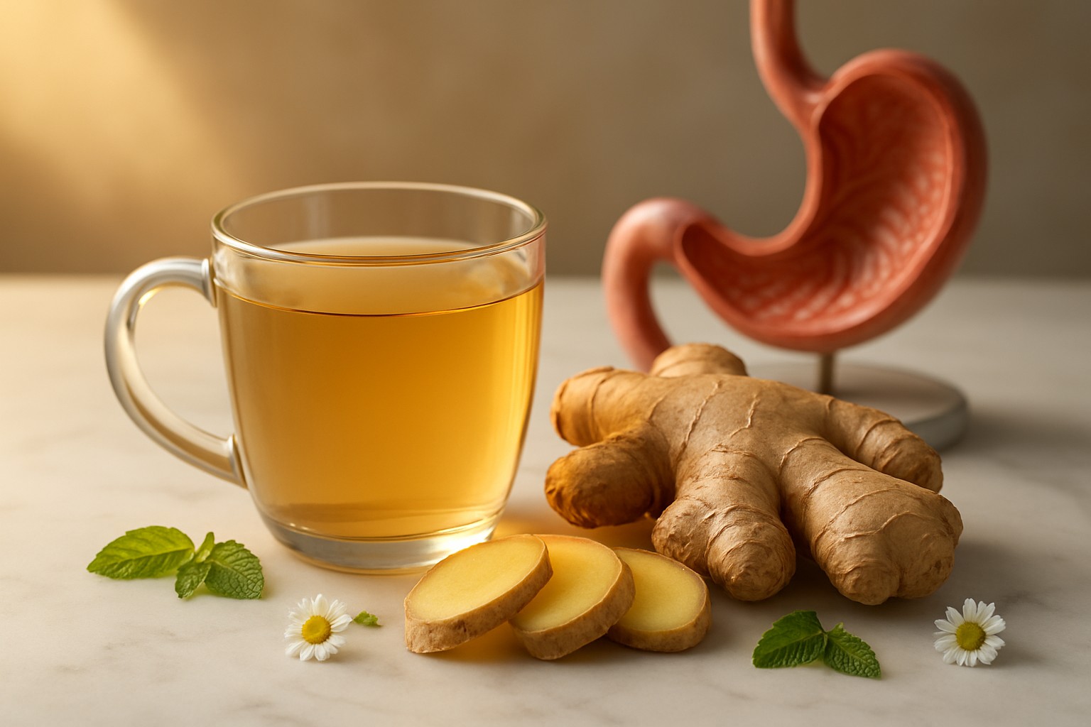 Chá de gengibre em caneca de vidro ao lado de raiz fresca de gengibre, fatias de gengibre e modelo anatômico do estômago humano, ilustrando os benefícios do gengibre para a saúde digestiva e alívio de náuseas.