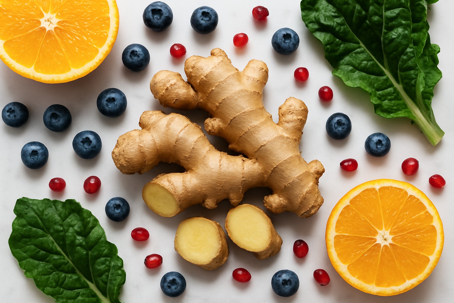 Raiz de gengibre fresca cortada com mirtilos, sementes de romã e gomos de laranja sobre mármore branco, ilustrando os benefícios do gengibre antioxidantes para imunidade e saúde cardiovascular.