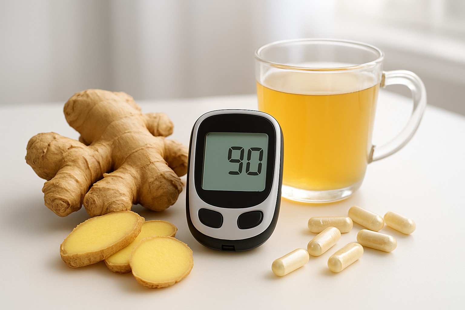 Medidor de glicose marcando 90 ao lado de raiz de gengibre fresca fatiada e chá de gengibre, destacando os benefícios do gengibre no controle natural do açúcar no sangue e diabetes.