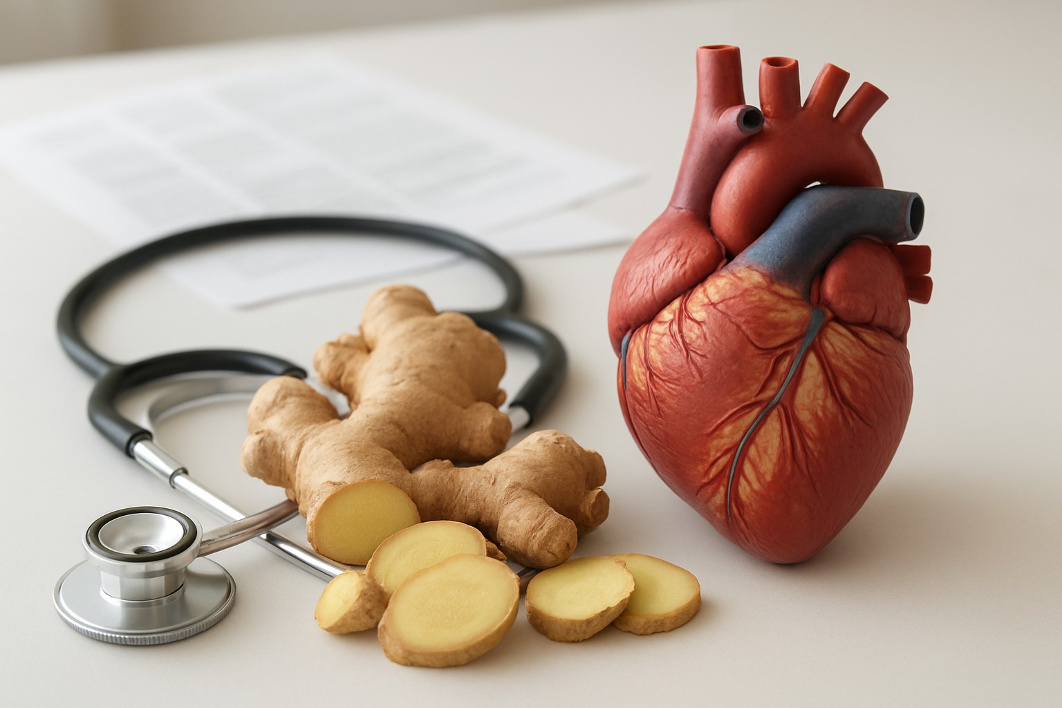 Modelo anatômico do coração humano ao lado de gengibre fresco fatiado e estetoscópio, ilustrando os benefícios do gengibre na saúde cardiovascular, redução da pressão arterial e controle do colesterol.