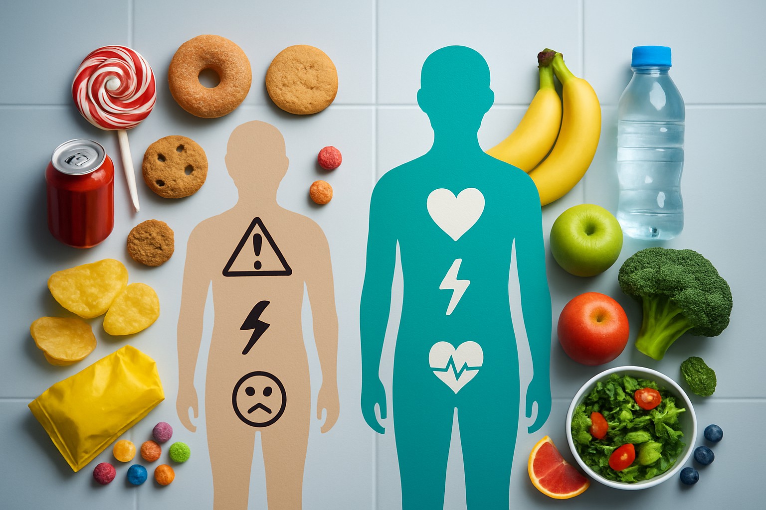 "Imagem conceitual dividida em duas metades contrastando os efeitos do consumo de açúcar com o desafio 30 dias sem açúcar: à esquerda, silhueta bege com símbolos de má saúde (ponto de exclamação, raio e carinha triste) cercada por doces, rosquinha, batatas fritas e refrigerante; à direita, silhueta azul-esverdeada com indicadores de boa saúde (coração, raio e batimento cardíaco) rodeada por bananas, maçã, brócolis, salada e garrafa de água."