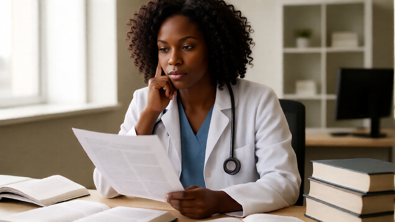 Médica negra jovem analisando documentos sobre 7 soluções naturais para melhorar a libido feminina em consultório iluminado.