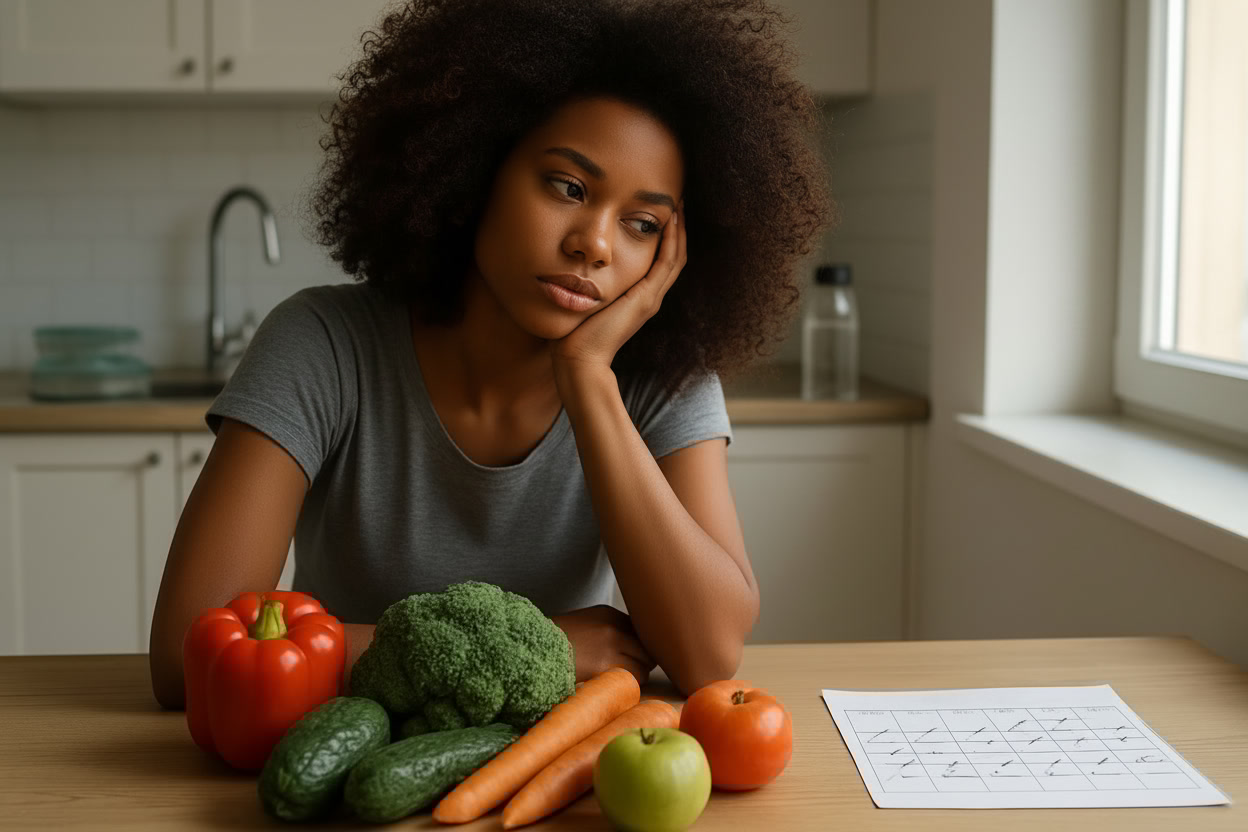 Jovem negra de aproximadamente vinte anos, com cabelos escuros cacheados e camiseta cinza, sentada à mesa da cozinha com expressão de tédio e leve tristeza enquanto planeja refeições para comer sem sal, cercada por vegetais frescos como brócolis, cenouras, pimentão vermelho, pepinos, tomate e maçã verde, além de um calendário de planejamento alimentar.