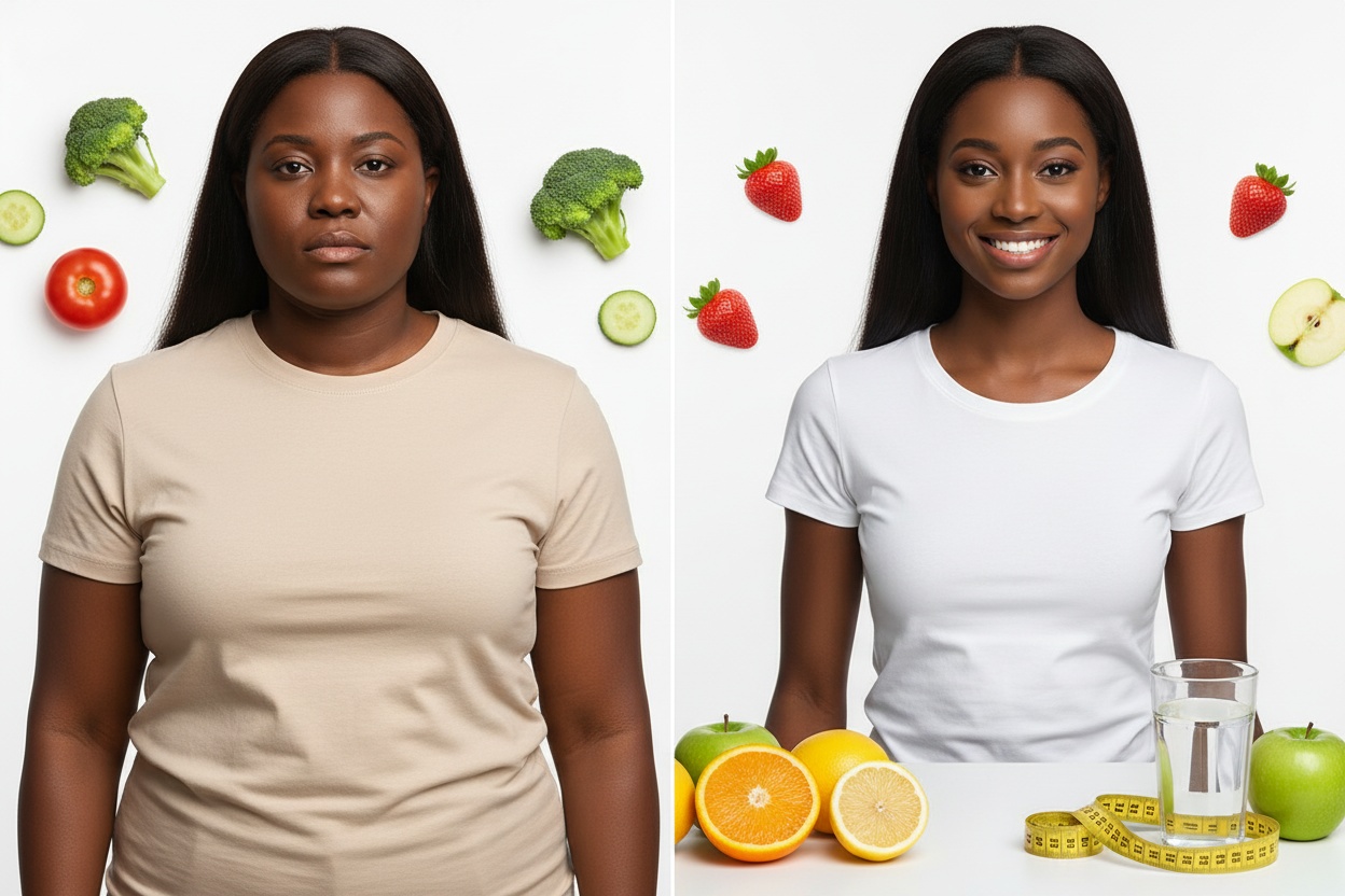 Duas mulheres negras jovens adultas ilustram os benefícios de comer sem sal: à esquerda, uma mulher de corpo mais cheio com expressão neutra cercada de brócolis, pepino e tomate; à direita, uma mulher mais magra sorridente cercada de morangos, maçã, copo de água, fita métrica e frutas frescas, representando transformação pela dieta saudável.